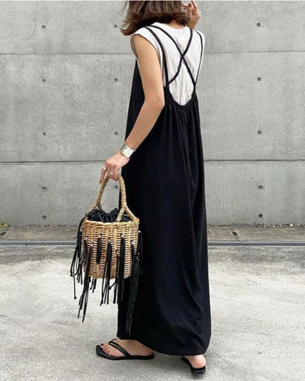 ワンピース ロング丈 クルーネック キャミソール バックリボン ノースリーブ 無地 Aライン シンプル カジュアル おしゃれ きれいめ系 デイリーコーデ ID255