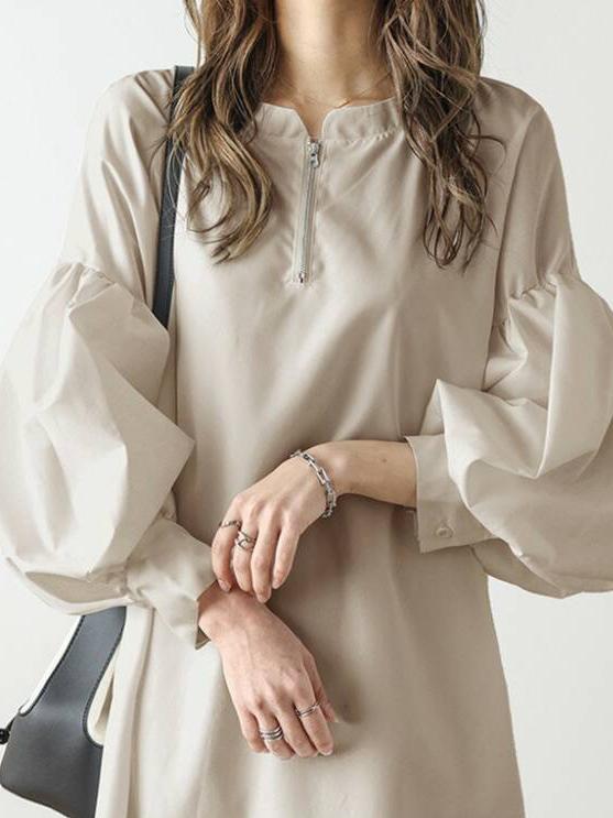 ID102 One-piece dress, zipper neck, puff sleeve, long sleeve dress, work wear, elegant, simple, long dress 