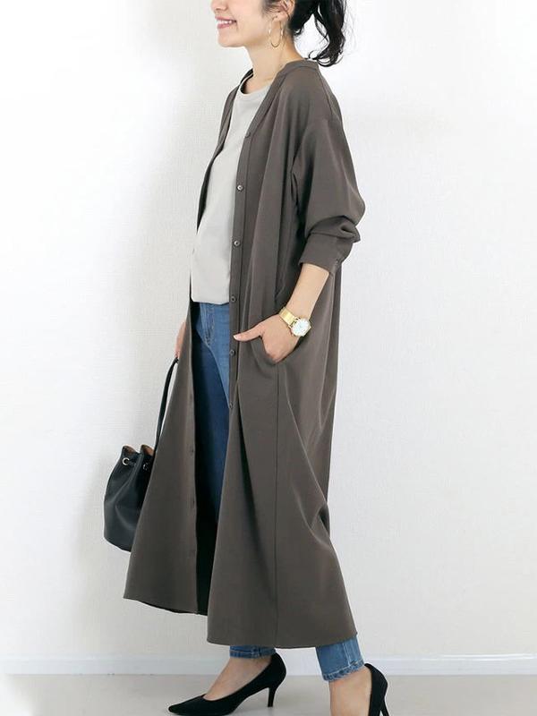 ID93 One-piece dress, plain, loose, relaxed, V-neck, long sleeves, ankle-length, long, draped, simple, casual, elegant, fashionable 