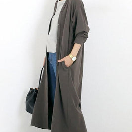 ID93 One-piece dress, plain, loose, relaxed, V-neck, long sleeves, ankle-length, long, draped, simple, casual, elegant, fashionable 