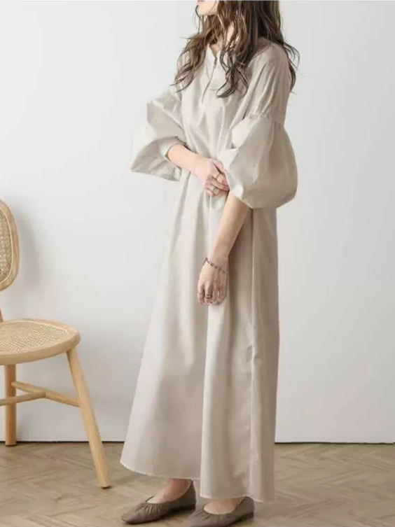 ID102 One-piece dress, zipper neck, puff sleeve, long sleeve dress, work wear, elegant, simple, long dress 