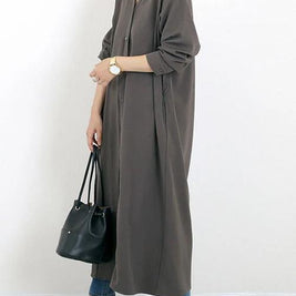 ID93 One-piece dress, plain, loose, relaxed, V-neck, long sleeves, ankle-length, long, draped, simple, casual, elegant, fashionable 