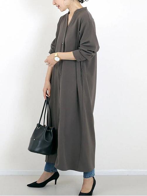 ID93 One-piece dress, plain, loose, relaxed, V-neck, long sleeves, ankle-length, long, draped, simple, casual, elegant, fashionable 