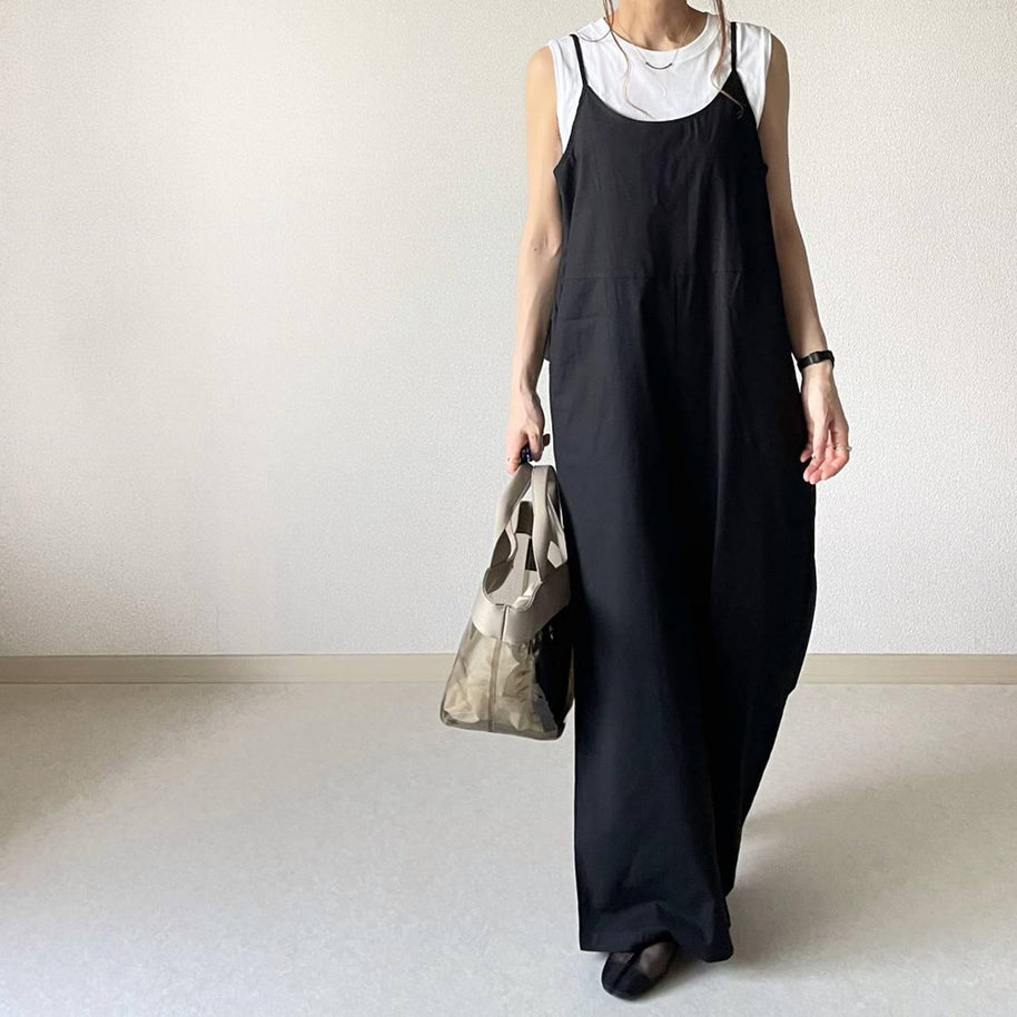 着痩せ確約！サロペット フリル切り替え×ワイドパンツ風 ゆったり体型カバー シンプルなのに大人可愛い 春夏カジュアルコーデの決定版 ID434