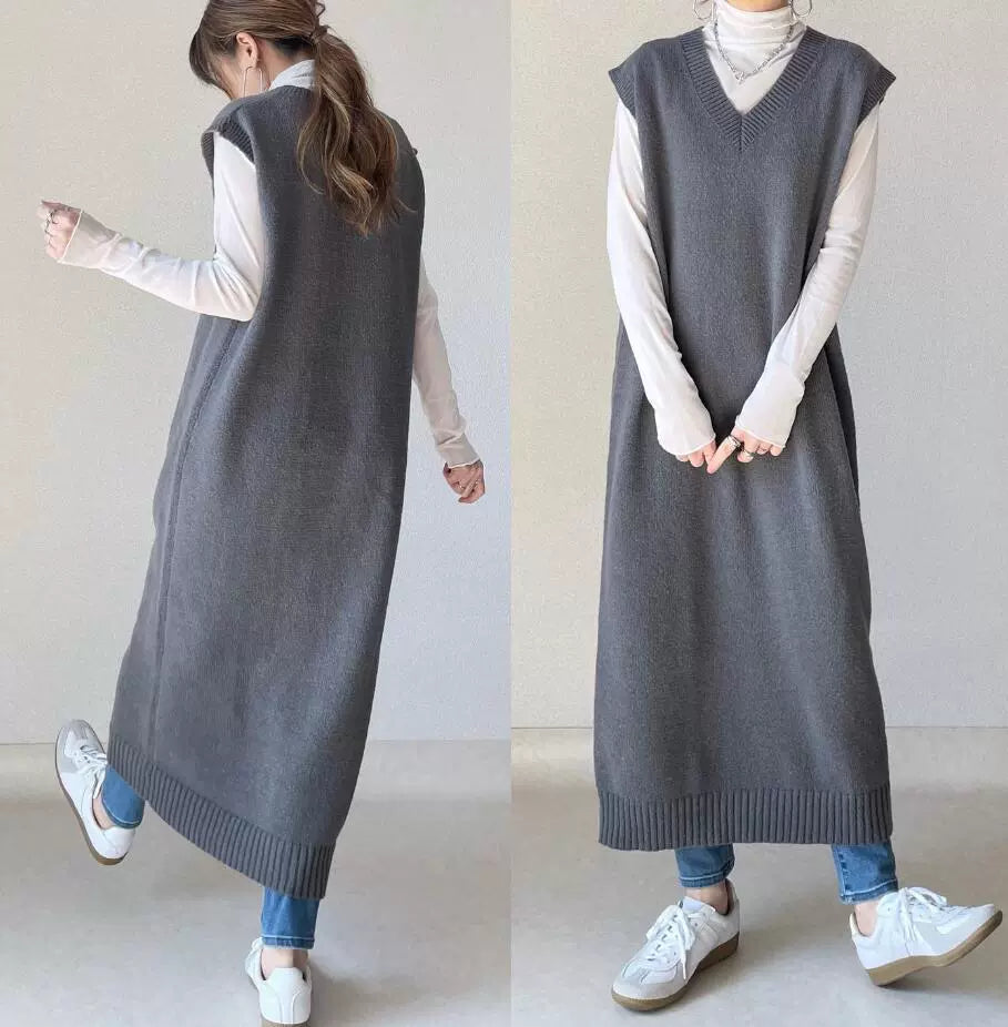 ID73 Maxi Dress, Loose Silhouette, Slim, V-Neck, Sleeveless, Midi Length, Vest Dress, Knit, Long Vest 