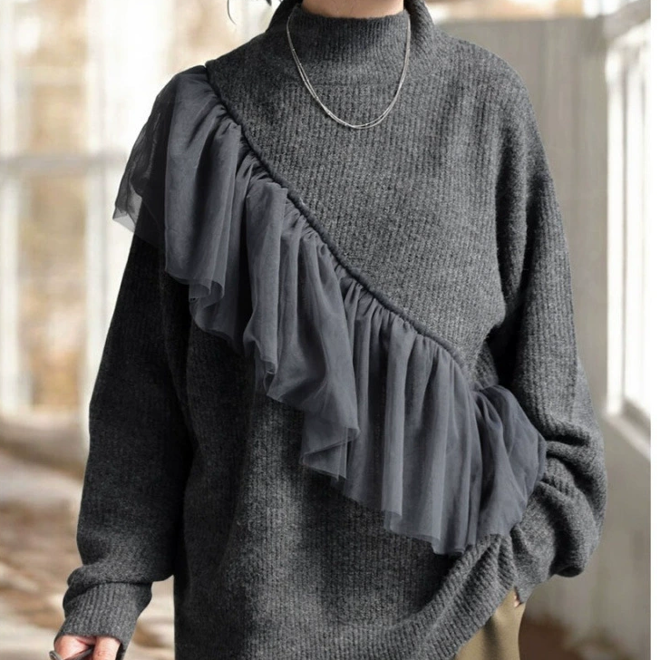 ID75 Knitted Mesh Pinche Flannel Top Round Neck Long Sleeve Loose Fit Elegant Soft Comfortable Commuting Office Casual Layered Simple Fashion 