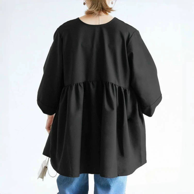 ID66 Loose-fitting lantern sleeve cardigan shirt, perfect for spring and autumn, stylish crew neck top, outerwear 