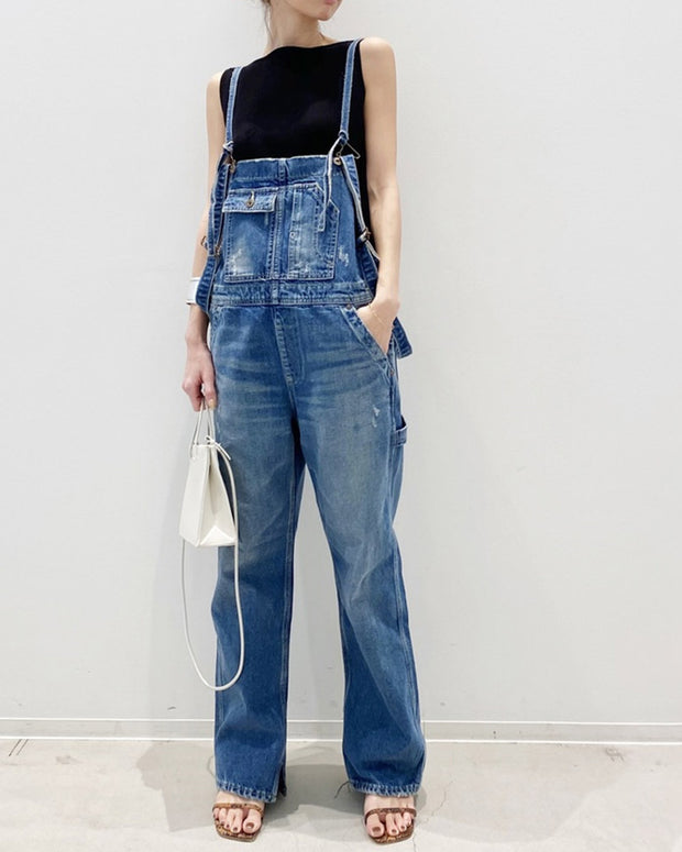 サロペット デニム素材 ストレートシルエット 裾スリット入り マルチポケット付き ヴィンテージ風 ワークスタイル カジュアル おしゃれ レディース ID433