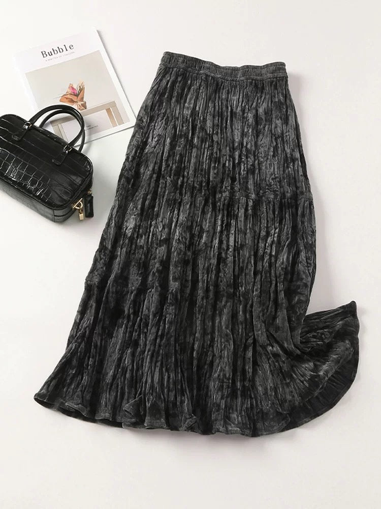 ID92 Skirt Ink Dyed High Waist Ruffled Silk Velvet A-line Flared Long Skirt 