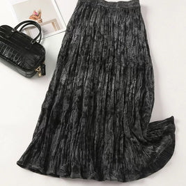 ID92 Skirt Ink Dyed High Waist Ruffled Silk Velvet A-line Flared Long Skirt 