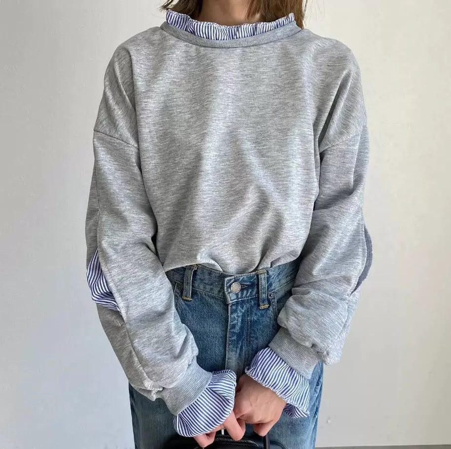 ID103 Sweatshirt Patchwork Design Round Neck Long Sleeve Top White and Blue Color Casual Comfortable Fashionable Loose Fit Daily Outfit 