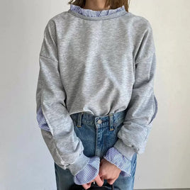 ID103 Sweatshirt Patchwork Design Round Neck Long Sleeve Top White and Blue Color Casual Comfortable Fashionable Loose Fit Daily Outfit 