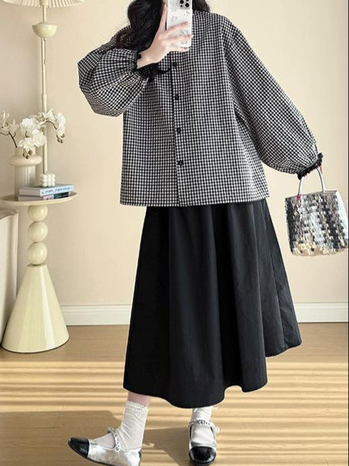ワンピースセット チェック柄 シャツ ブラックスカート ウエストゴム 調整可能 ゆったり フィット カジュアル スタイル 体型カバー デイリーコーデ おしゃれ 着回し力 抜群 ID109