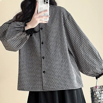 ID109 One-piece set Check pattern shirt Black skirt Elastic waist Adjustable Loose fit Casual style Figure coverage Daily coordination Stylish Versatile 