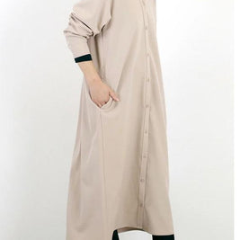 ID93 One-piece dress, plain, loose, relaxed, V-neck, long sleeves, ankle-length, long, draped, simple, casual, elegant, fashionable 