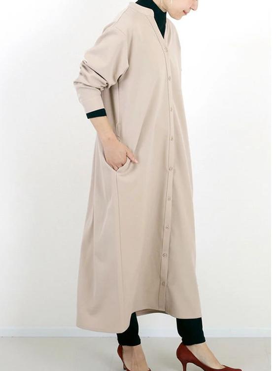 ID93 One-piece dress, plain, loose, relaxed, V-neck, long sleeves, ankle-length, long, draped, simple, casual, elegant, fashionable 