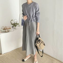 ID69 Casual Simple Round Neck Knit Top + Pleated Camisole Dress Set 