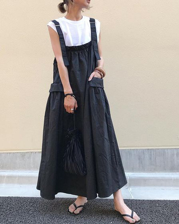 サロペット レディース 大人可愛い ワンピース ミディ丈 膝丈 若見え ポケット付き シンプル 無地 ID257