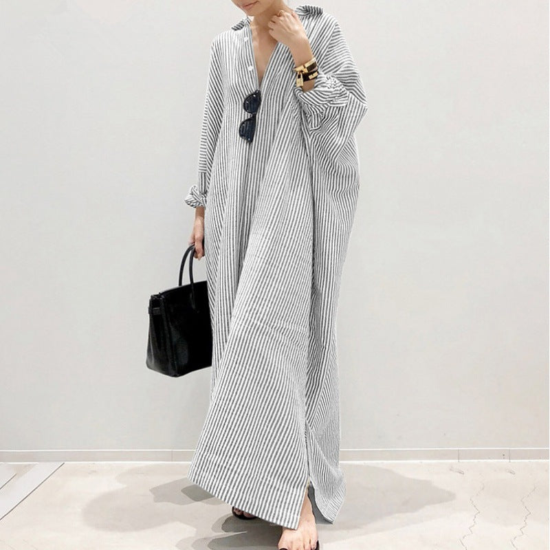 ID113 One-piece dress, striped pattern, shirt dress, loose fit, long sleeves, turn-down collar, casual, feminine, daily outfit, figure-covering, stylish 