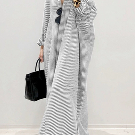 ID113 One-piece dress, striped pattern, shirt dress, loose fit, long sleeves, turn-down collar, casual, feminine, daily outfit, figure-covering, stylish 