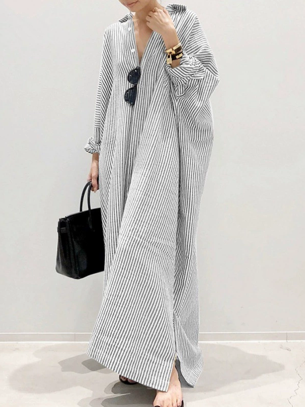 ID113 One-piece dress, striped pattern, shirt dress, loose fit, long sleeves, turn-down collar, casual, feminine, daily outfit, figure-covering, stylish 