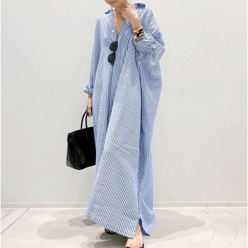 ID113 One-piece dress, striped pattern, shirt dress, loose fit, long sleeves, turn-down collar, casual, feminine, daily outfit, figure-covering, stylish 