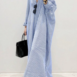 ID113 One-piece dress, striped pattern, shirt dress, loose fit, long sleeves, turn-down collar, casual, feminine, daily outfit, figure-covering, stylish 