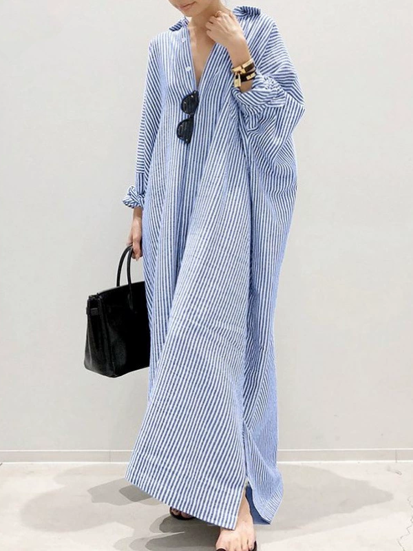 ID113 One-piece dress, striped pattern, shirt dress, loose fit, long sleeves, turn-down collar, casual, feminine, daily outfit, figure-covering, stylish 