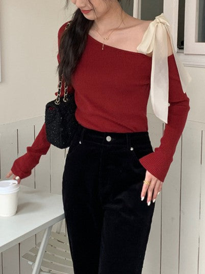 リボン ワンショルダー ニット レディース 可愛い フェミニン 大人おしゃれ デートコーデ きれいめ トップス 細見え シンプル 赤 ニット ID2283