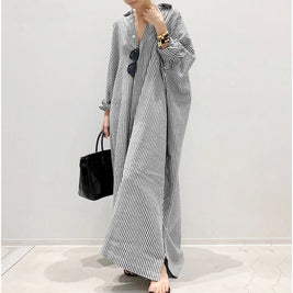 ID113 One-piece dress, striped pattern, shirt dress, loose fit, long sleeves, turn-down collar, casual, feminine, daily outfit, figure-covering, stylish 