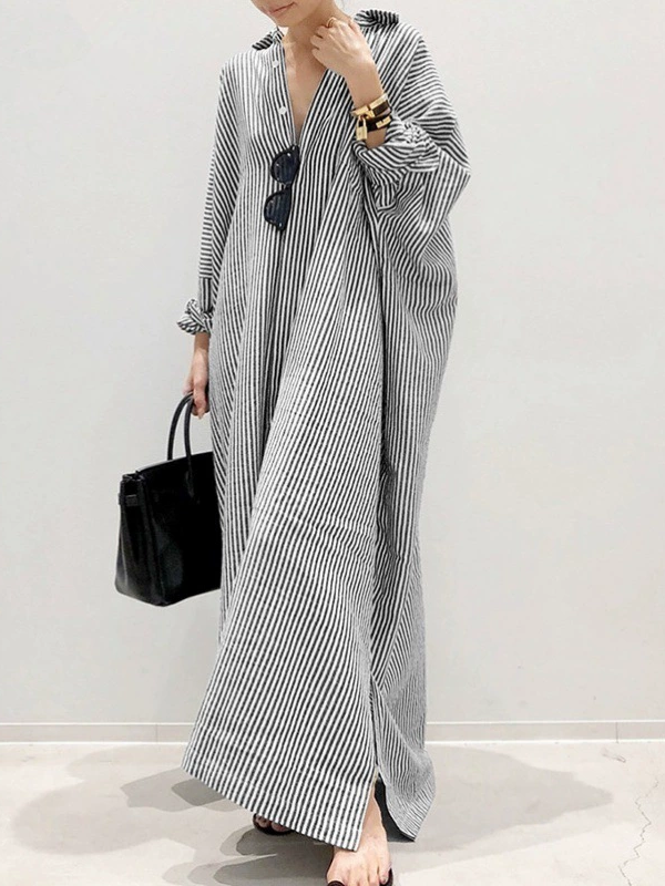 ID113 One-piece dress, striped pattern, shirt dress, loose fit, long sleeves, turn-down collar, casual, feminine, daily outfit, figure-covering, stylish 