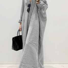 ID113 One-piece dress, striped pattern, shirt dress, loose fit, long sleeves, turn-down collar, casual, feminine, daily outfit, figure-covering, stylish 