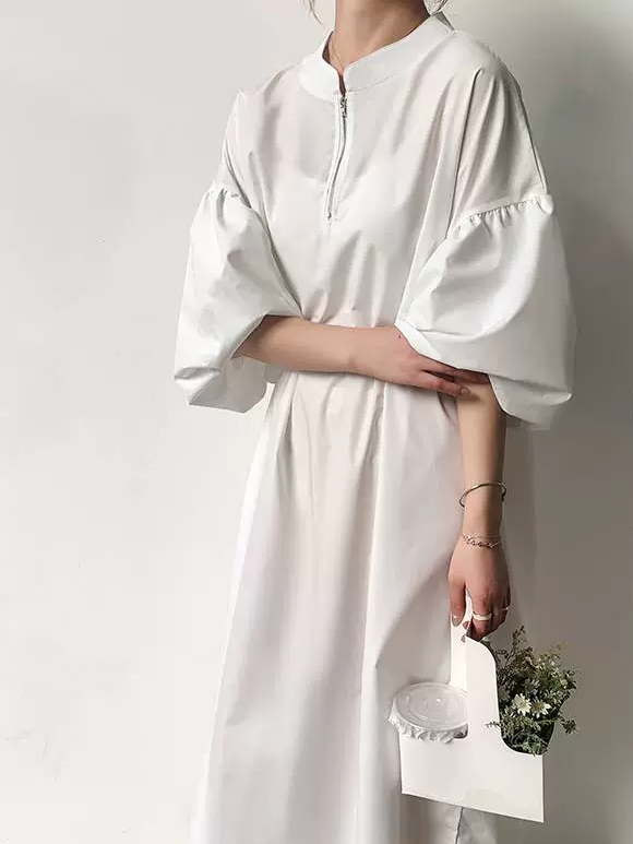 ID102 One-piece dress, zipper neck, puff sleeve, long sleeve dress, work wear, elegant, simple, long dress 