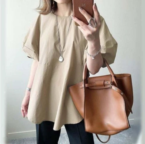 シャツ クルーネック ゆったり パフスリーブ 通勤スタイル シンプル エレガント おしゃれ きれいめ系 フェミニン デイリーコーデ ID249