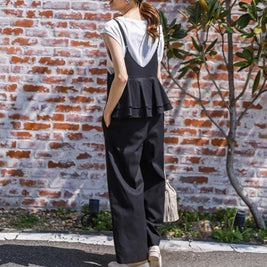 着痩せ確約！サロペット フリル切り替え×ワイドパンツ風 ゆったり体型カバー シンプルなのに大人可愛い 春夏カジュアルコーデの決定版 ID434