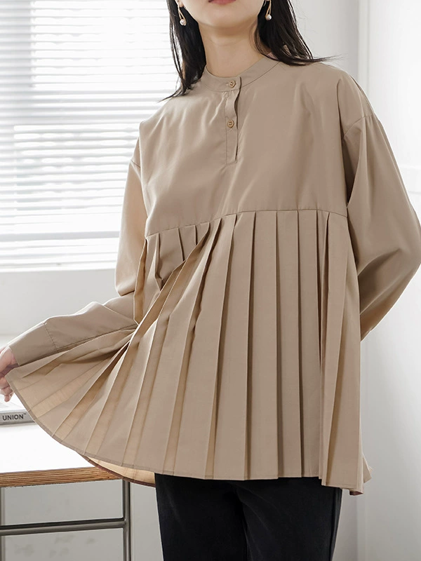 ID131 Shirt, Loose Fit, Plain, Pleated Design, Mid-Length, Layered, Simple, Stylish, Clean, Feminine, Casual 