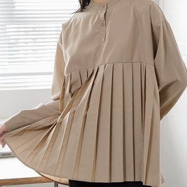 ID131 Shirt, Loose Fit, Plain, Pleated Design, Mid-Length, Layered, Simple, Stylish, Clean, Feminine, Casual 