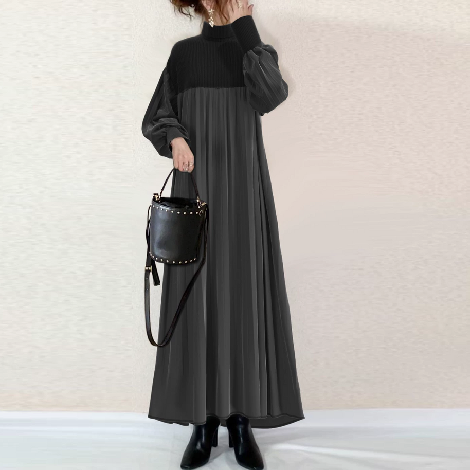 ID128 One-piece dress with knit switching, black x gray, shirred design, pleated, long length, elegant, feminine, simple, stylish, clean-cut style 