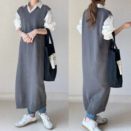 ID73 Maxi Dress, Loose Silhouette, Slim, V-Neck, Sleeveless, Midi Length, Vest Dress, Knit, Long Vest 