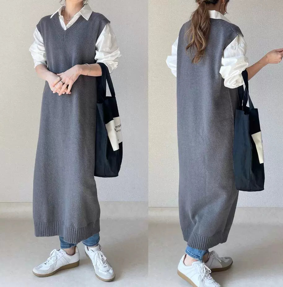 ID73 Maxi Dress, Loose Silhouette, Slim, V-Neck, Sleeveless, Midi Length, Vest Dress, Knit, Long Vest 