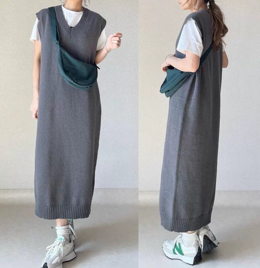 ID73 Maxi Dress, Loose Silhouette, Slim, V-Neck, Sleeveless, Midi Length, Vest Dress, Knit, Long Vest 