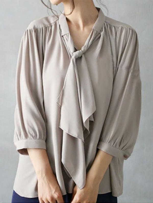 ID89 Shirt Design Small Collar Ribbon Long Sleeve Top Elegant Clean Office Casual Coordination 