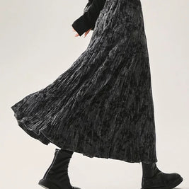 ID92 Skirt Ink Dyed High Waist Ruffled Silk Velvet A-line Flared Long Skirt 