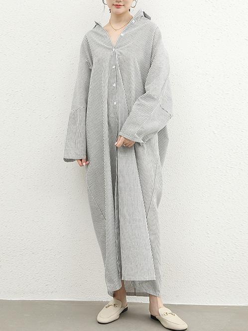 ID113 One-piece dress, striped pattern, shirt dress, loose fit, long sleeves, turn-down collar, casual, feminine, daily outfit, figure-covering, stylish 