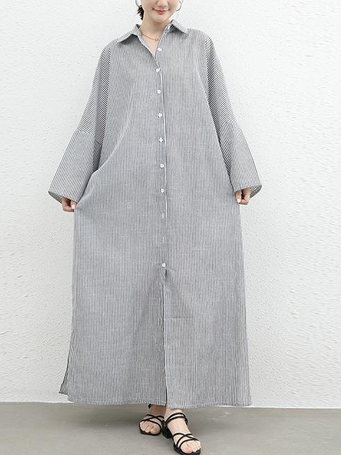 ID113 One-piece dress, striped pattern, shirt dress, loose fit, long sleeves, turn-down collar, casual, feminine, daily outfit, figure-covering, stylish 