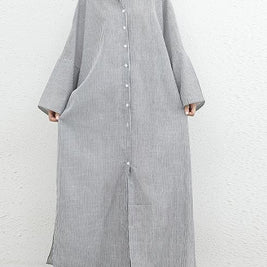 ID113 One-piece dress, striped pattern, shirt dress, loose fit, long sleeves, turn-down collar, casual, feminine, daily outfit, figure-covering, stylish 