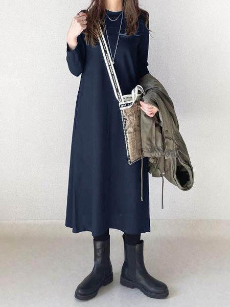 ID96 Dress, Round Neck, Long, Loose Fit, Long Sleeves, Slim Silhouette, Solid Color 