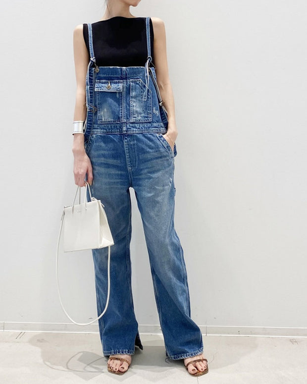 サロペット デニム素材 ストレートシルエット 裾スリット入り マルチポケット付き ヴィンテージ風 ワークスタイル カジュアル おしゃれ レディース ID433