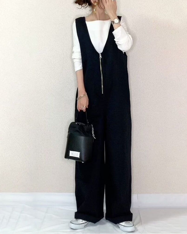 「大特価セール」オールインワン 無地 ファスナー付き サロペット ワイドパンツ スリム見え とろみ素材 シンプル おしゃれ カジュアル きれいめ系 レディース ID355