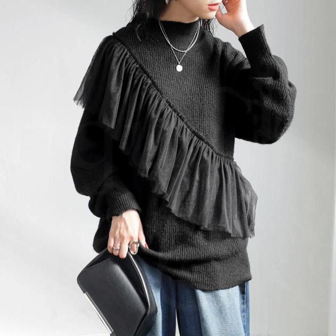 ID75 Knitted Mesh Pinche Flannel Top Round Neck Long Sleeve Loose Fit Elegant Soft Comfortable Commuting Office Casual Layered Simple Fashion 